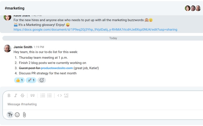 An example of sharing the team’s to-do list on Pumble, a business messaging app