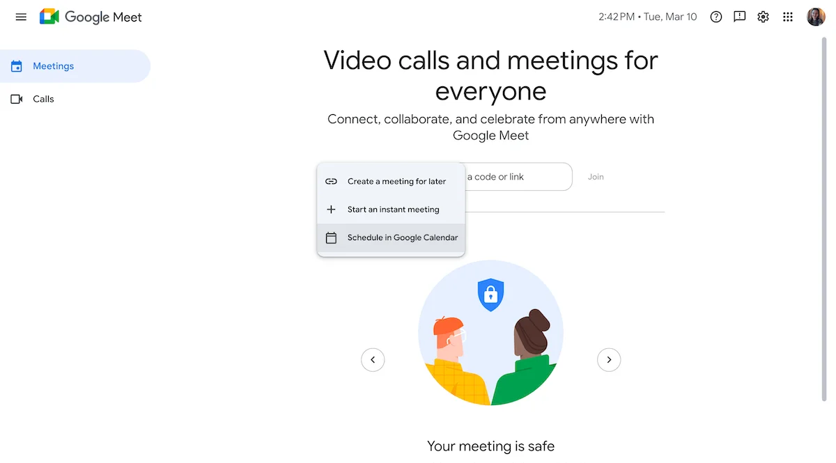 Google Meet homepage