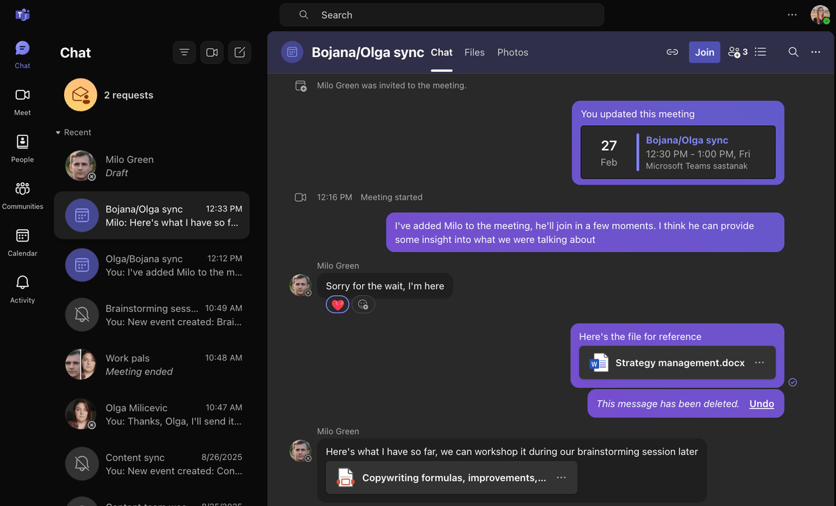 In-meeting chats are saved as direct messages on MS Teams