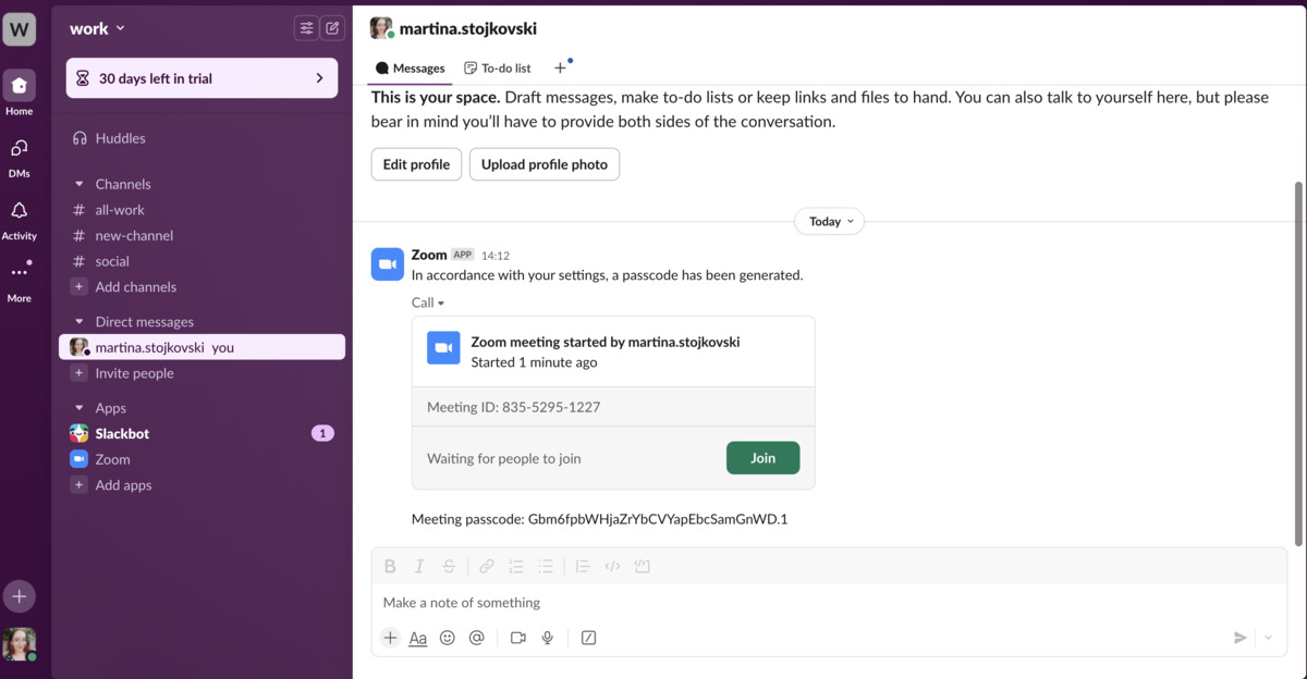 Launch video meetings in Slack via the Zoom integration