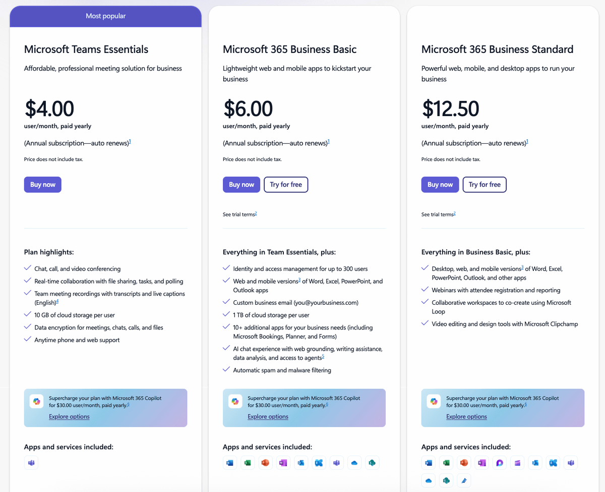 MS Teams pricing plans (valid until July 1, 2026)