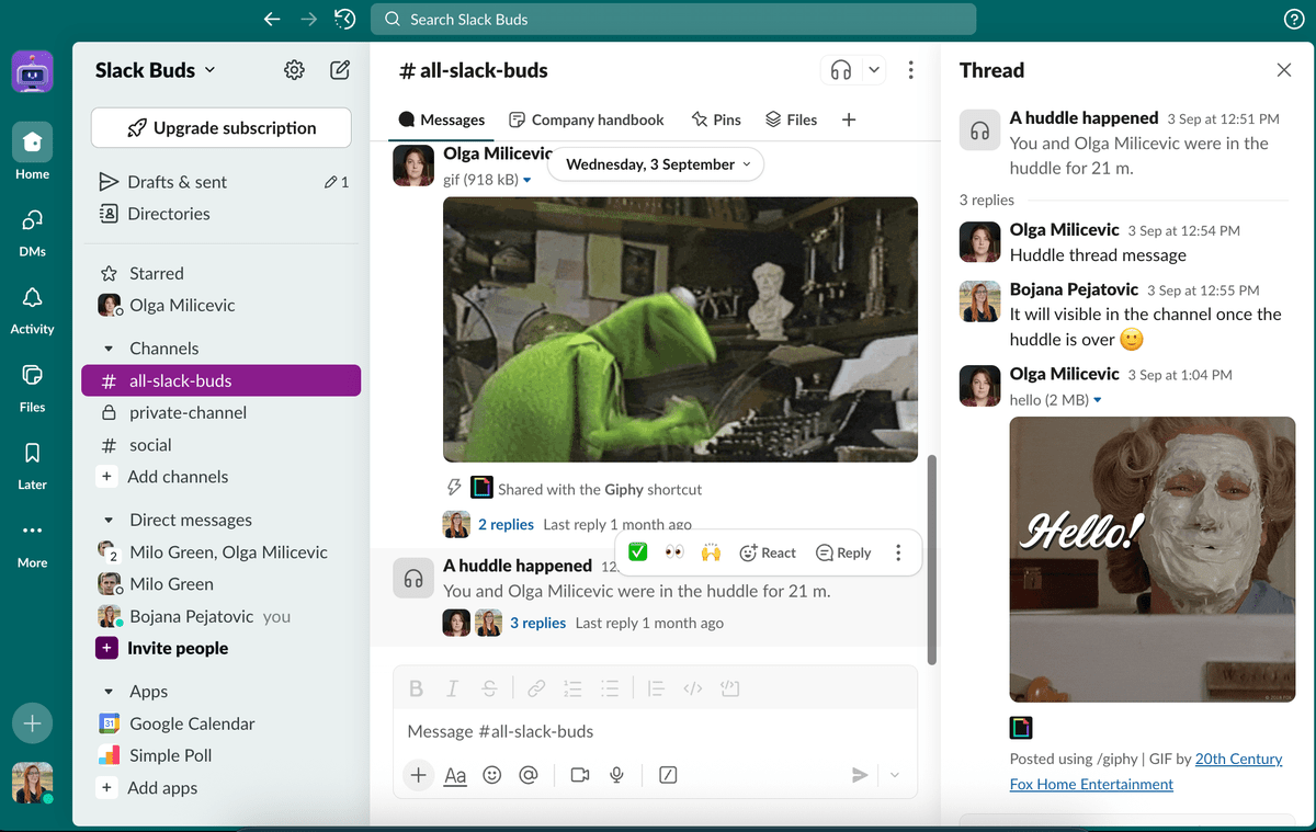 Messages shared during huddles are saved in threads