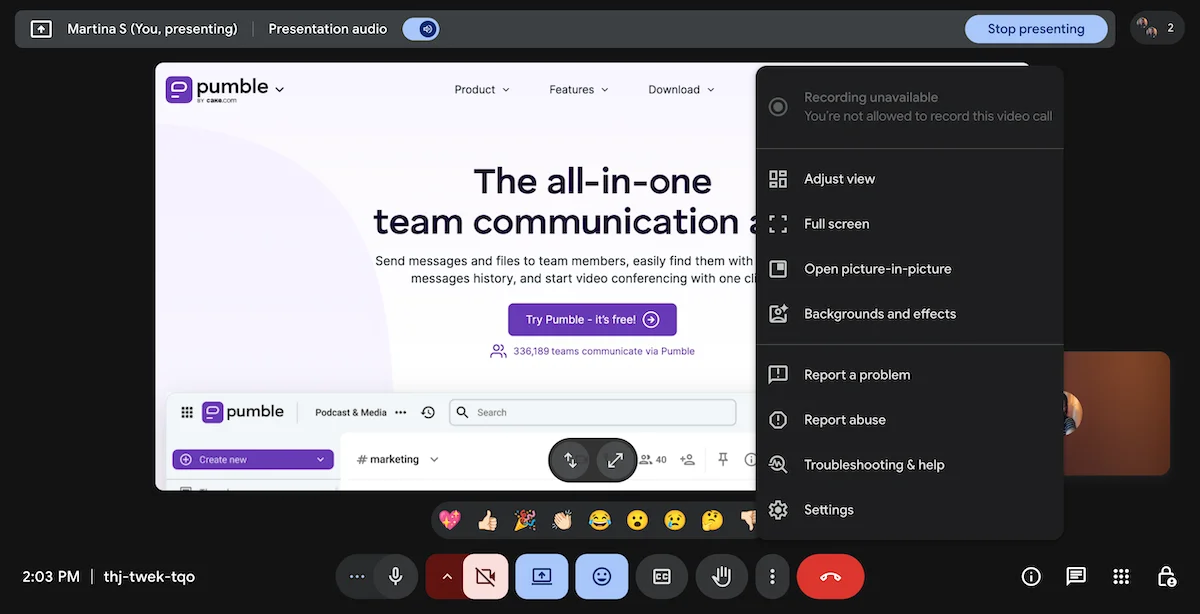 Note the grayed out recording option in Google Meet