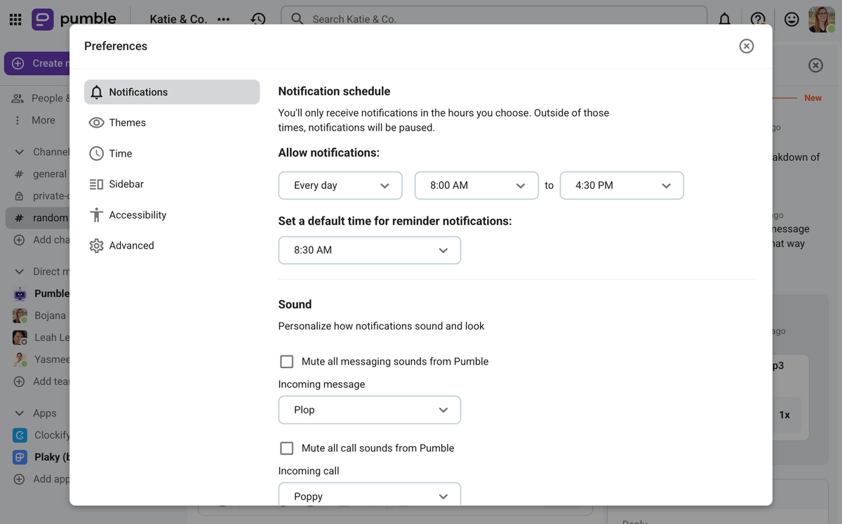 Pumble notifications settings