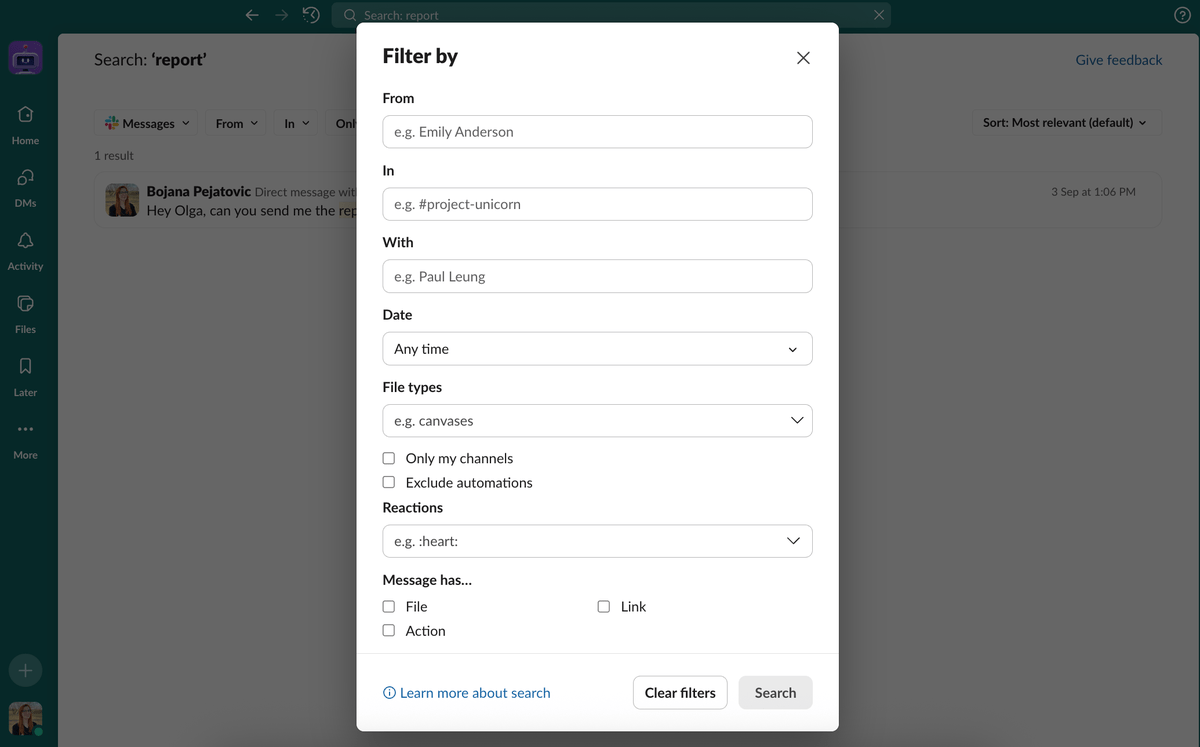 Slack offers advanced search filters, but only to its paid users