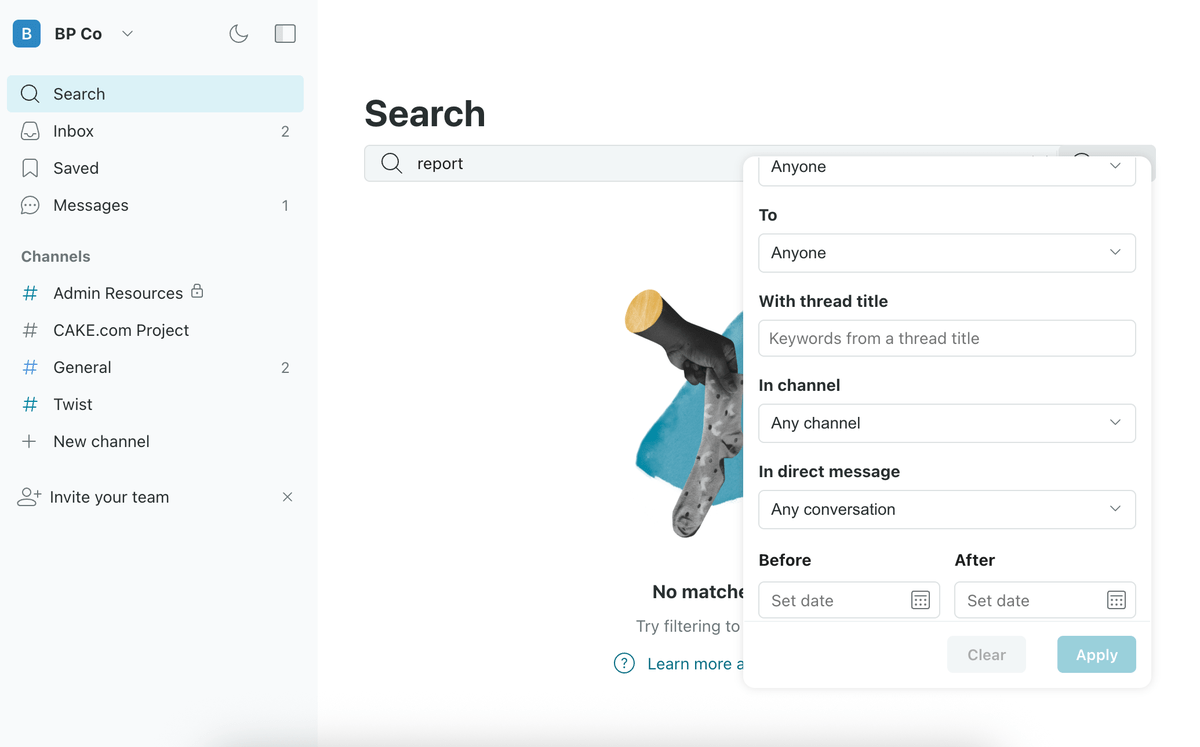 The search function in Twist