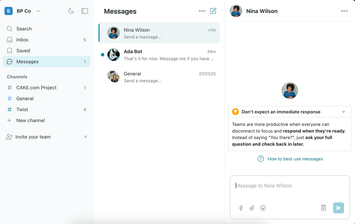 Users are warned they shouldn’t expect immediate responses when sending direct messages in Twist