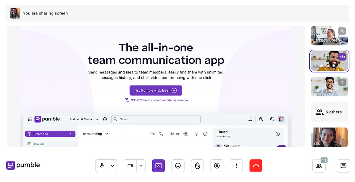 Video conferencing in Pumble, the team communication app