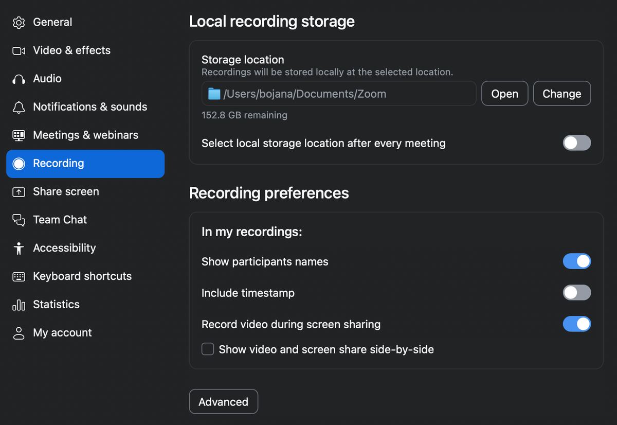 Zoom meeting recording settings