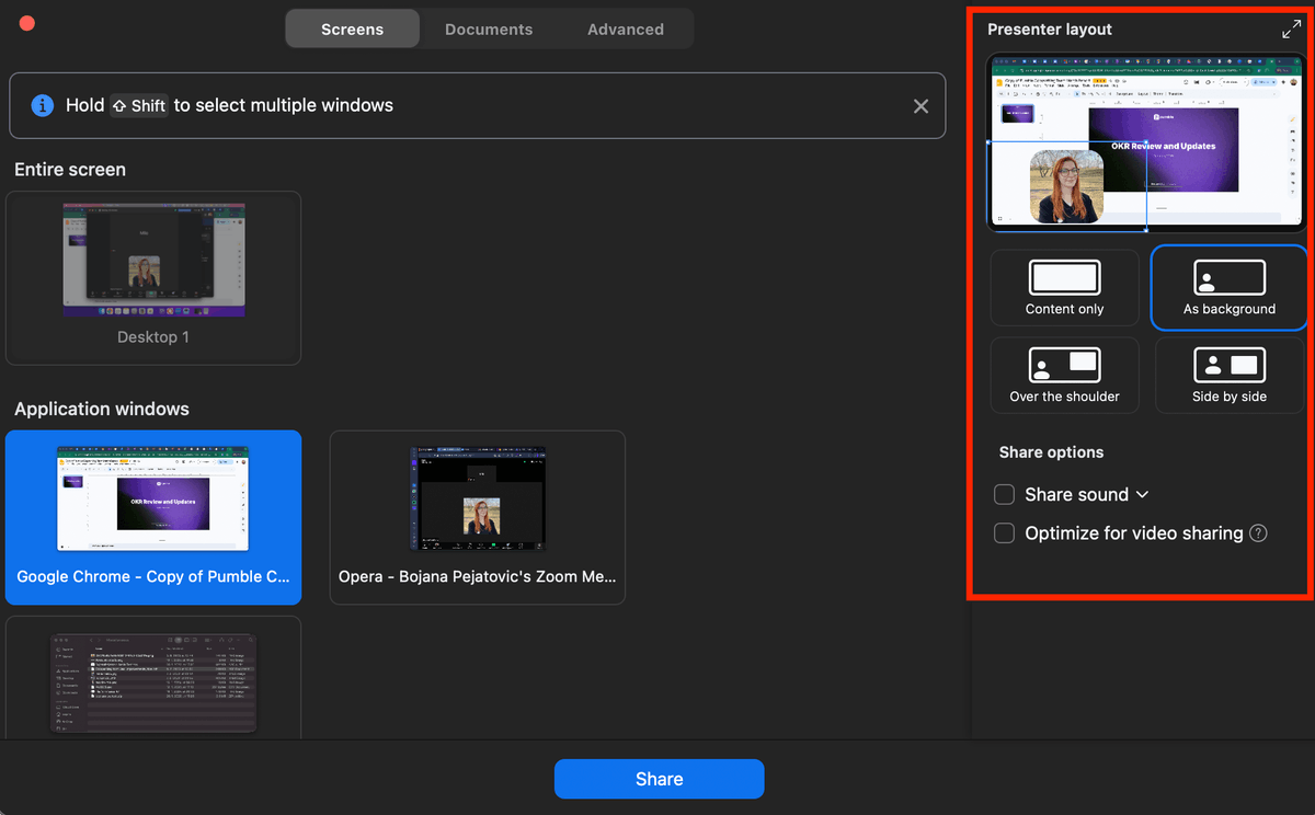 Zoom offers different presenter layout options