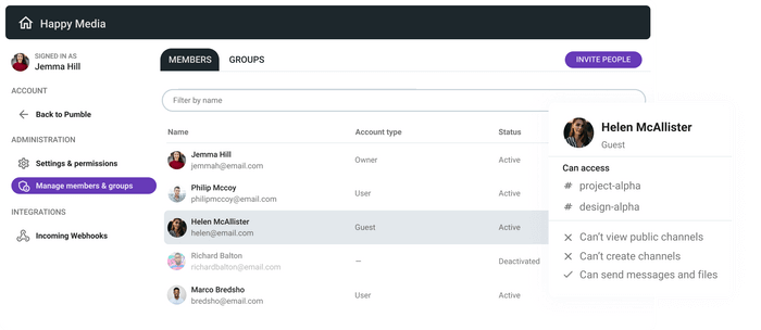 Guest role access in Pumble (business messaging app) 