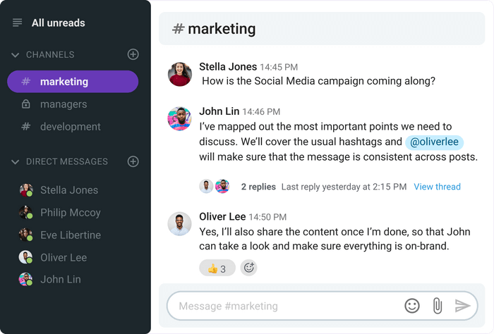 Team conversation in Pumble (business messaging app)