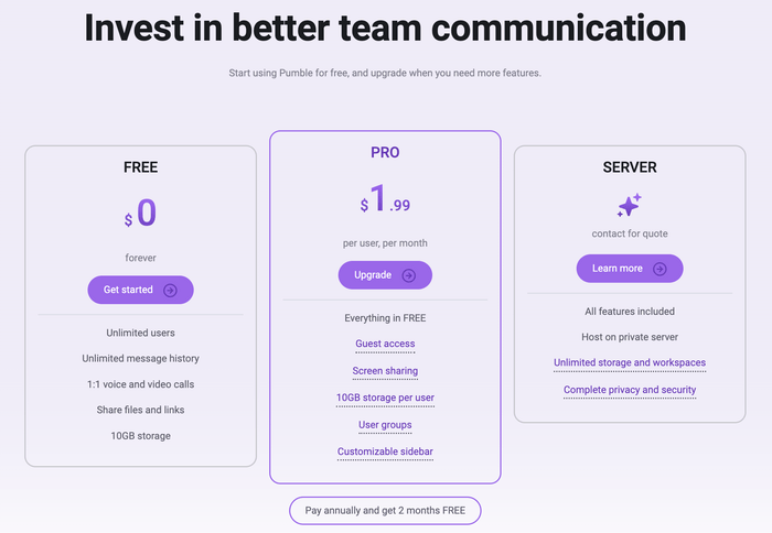 Pumble’s pricing plans