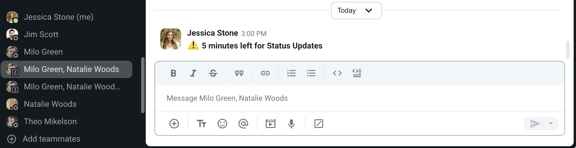 A time limit reminder in a group message in Pumble, a team communication app
