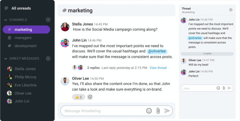 An example of a thread conversation in Pumble, a business messaging app