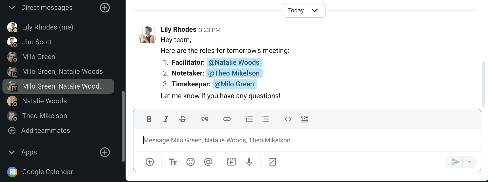 Assigning meeting roles in a group private message in Pumble
