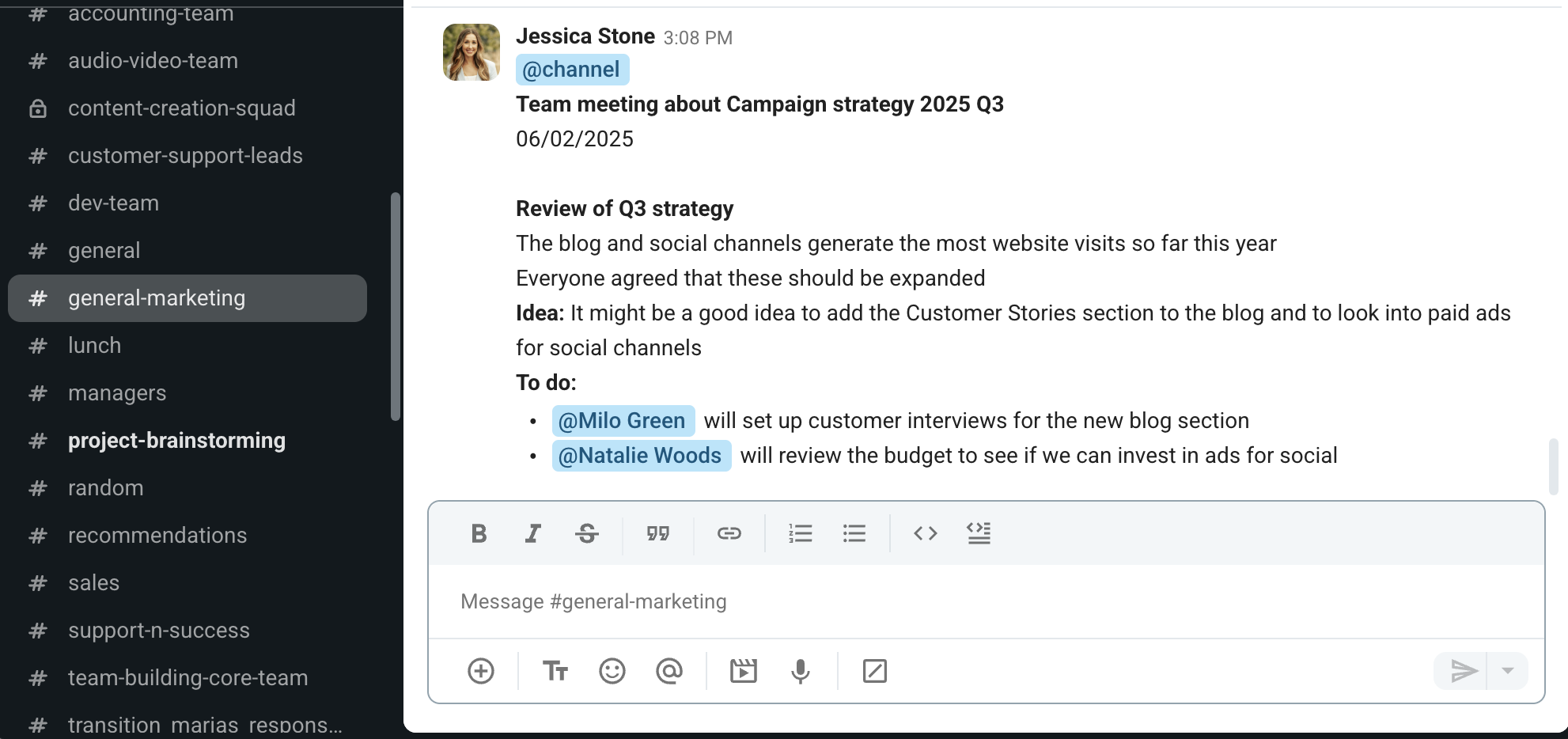 Sharing meeting notes with participants in Pumble, a team communication app
