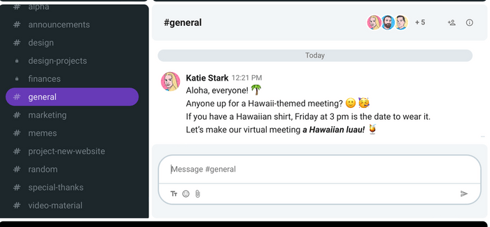 Themed virtual meetings on Pumble (a business messaging app)