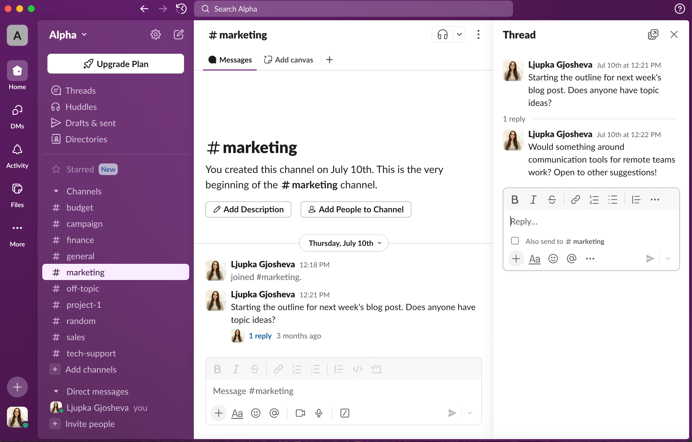 Channels and threads in Slack
