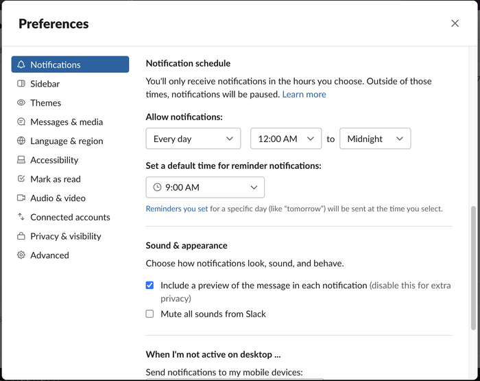 Notifications  settings on Slack