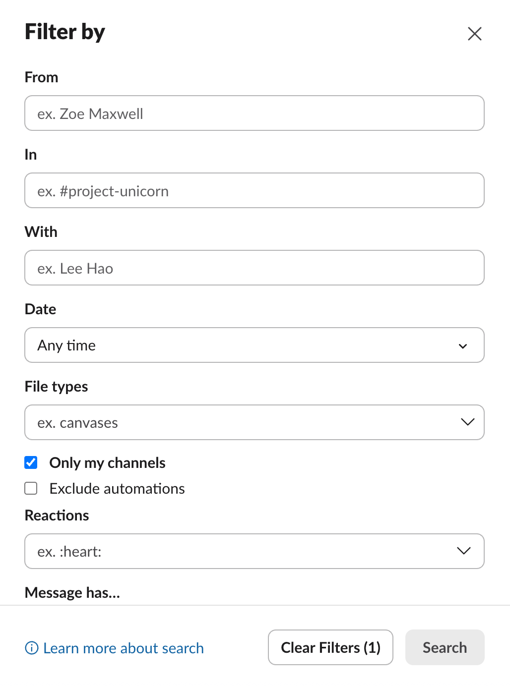 Search filters in Slack
