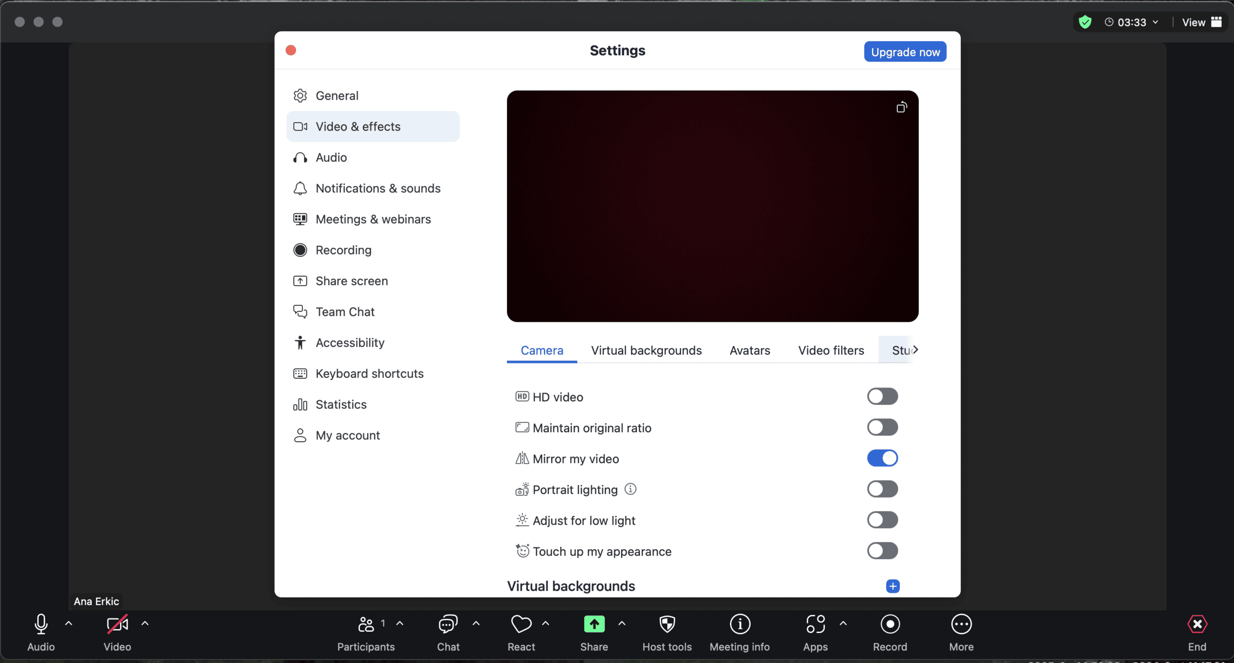 Video adjustments in Zoom