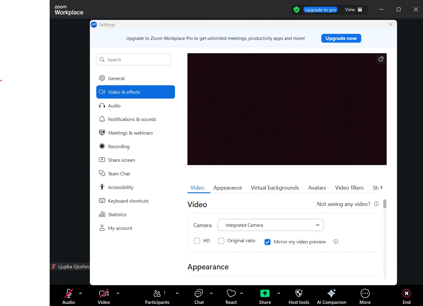 Video adjustments in Zoom