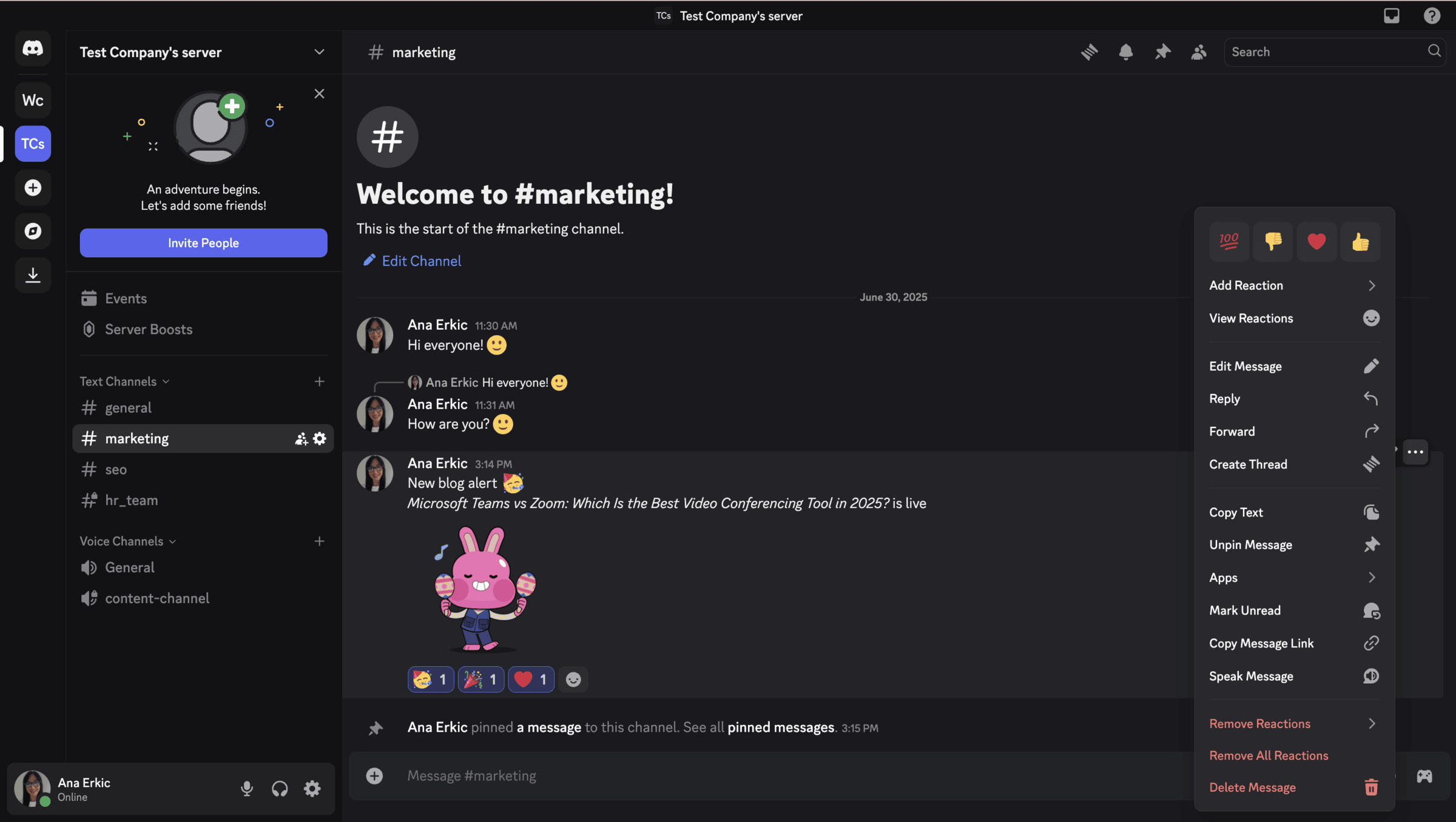 Messaging options in Discord