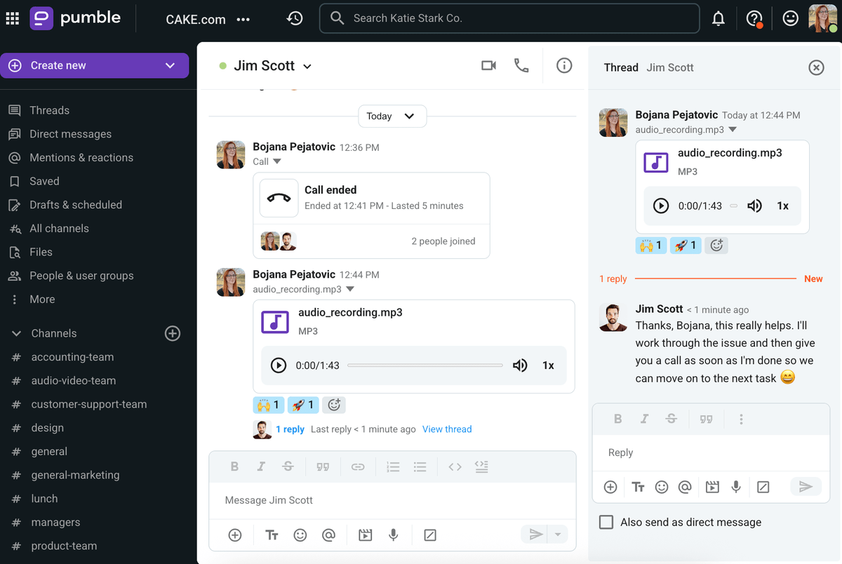 Send messages, make calls, send voice and video messages, and more in Pumble