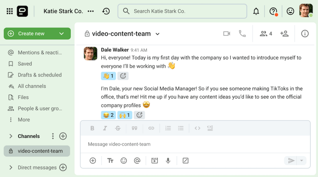 Dale sent the best self-introduction for his first day at work through Pumble, the team communication app