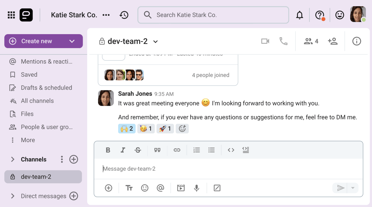 Sarah, the new team lead, shows her appreciation to her new team on Pumble, the business messaging app