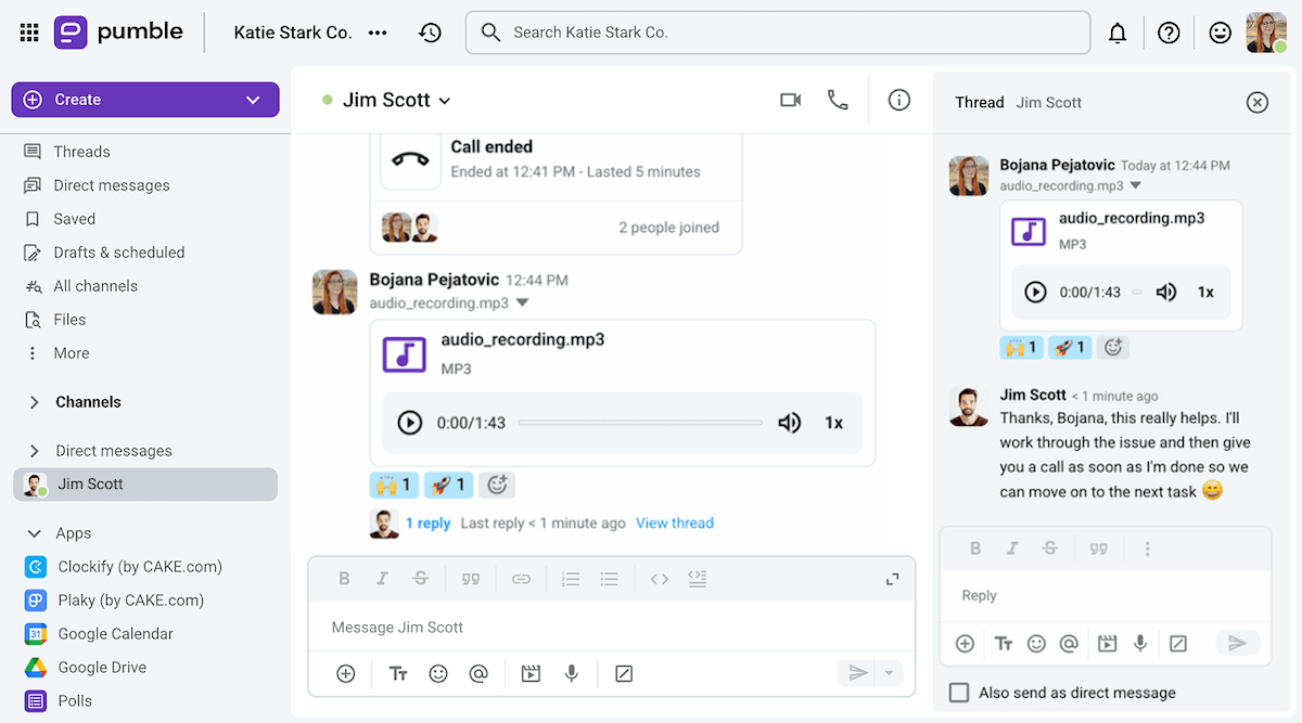 Send messages, make calls, send voice and video messages, and more in Pumble
