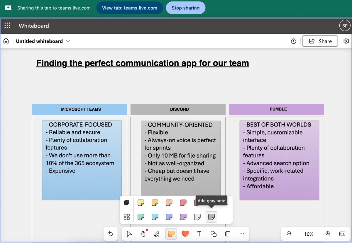 Creating a whiteboard and sharing it during a video meeting on MS Teams