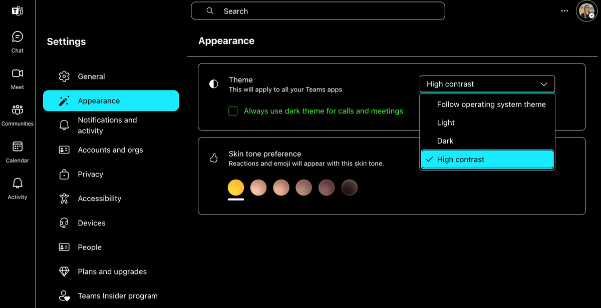 The high contrast theme in Microsoft Teams