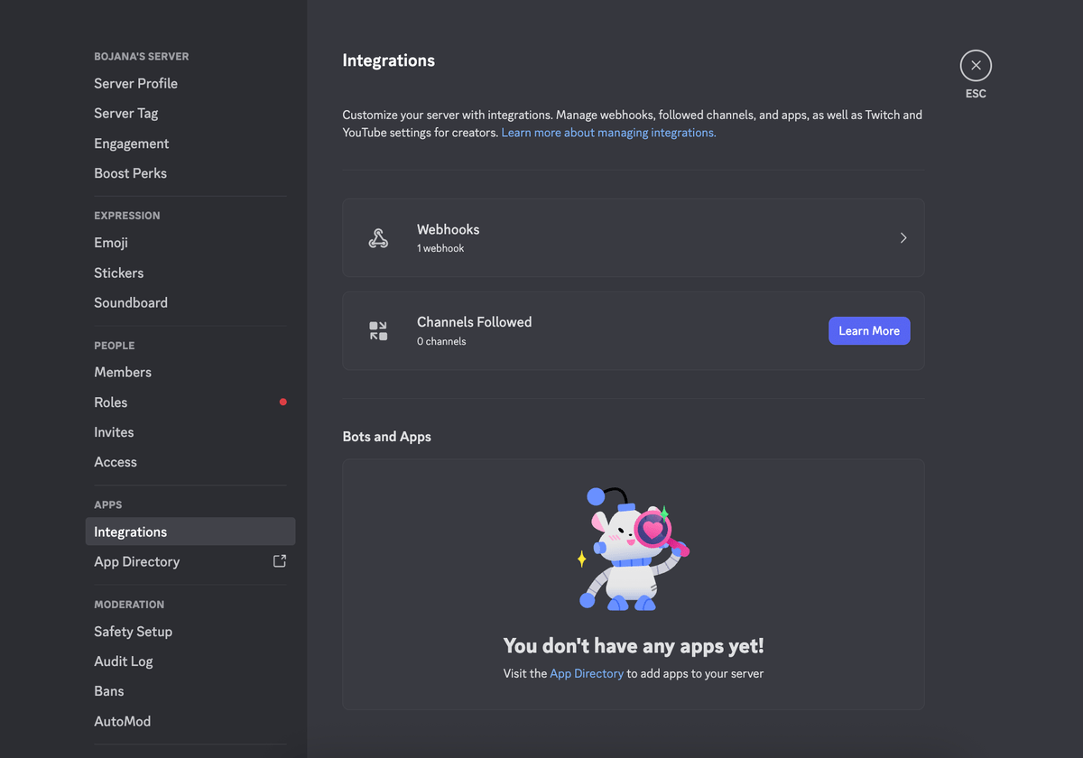 Integrating Discord with other apps is usually only possible through webhooks
