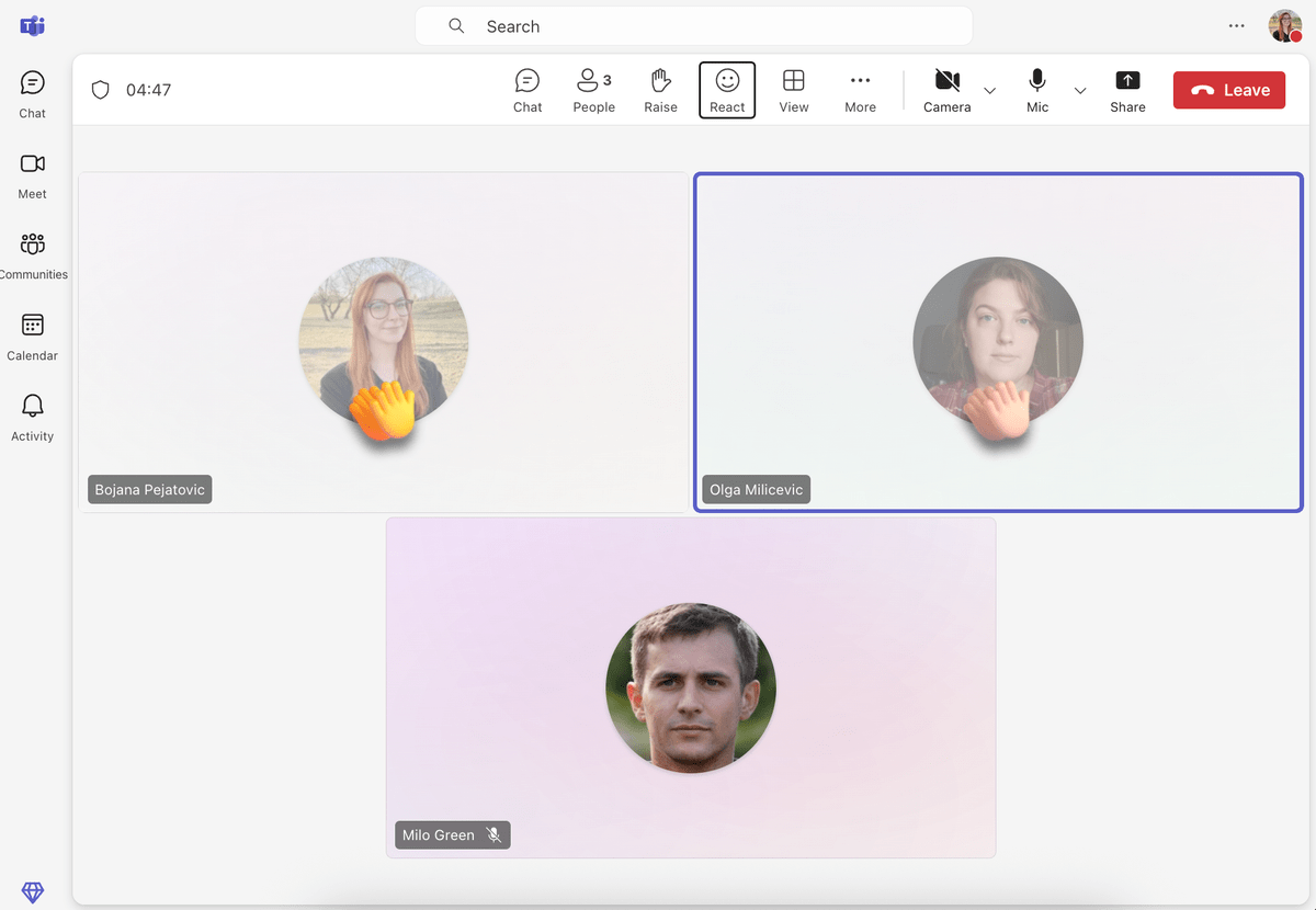 Live reactions in meetings in MS Teams