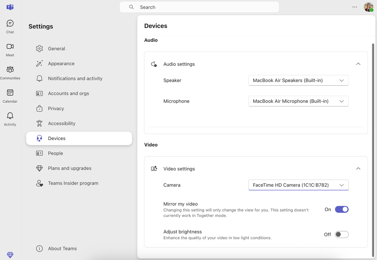 Audio and video controls in MS Teams