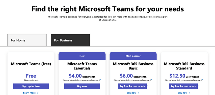 Microsoft Teams pricing plans