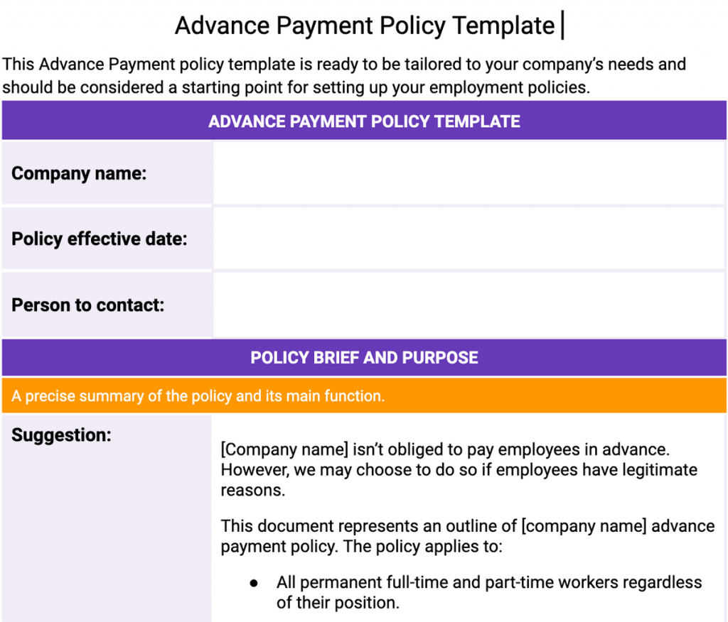 Advance Payment Policy Template