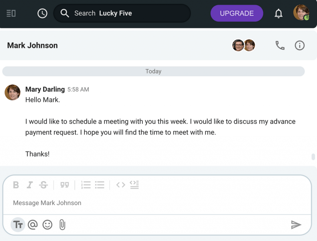Discuss the meeting details with your manager in Pumble, a free workplace communication app 