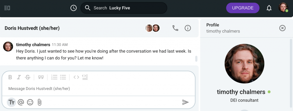 A follow-up message in Pumble, a business messaging app