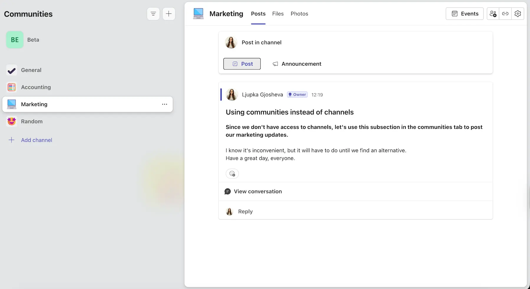 Create channels within communities in Microsoft Teams