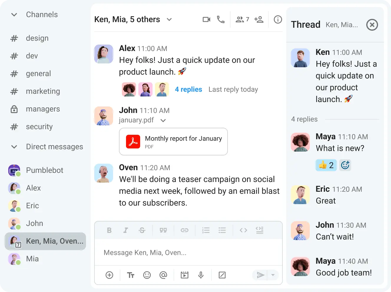 DMs, meetings, channels, and threads — Pumble has it all