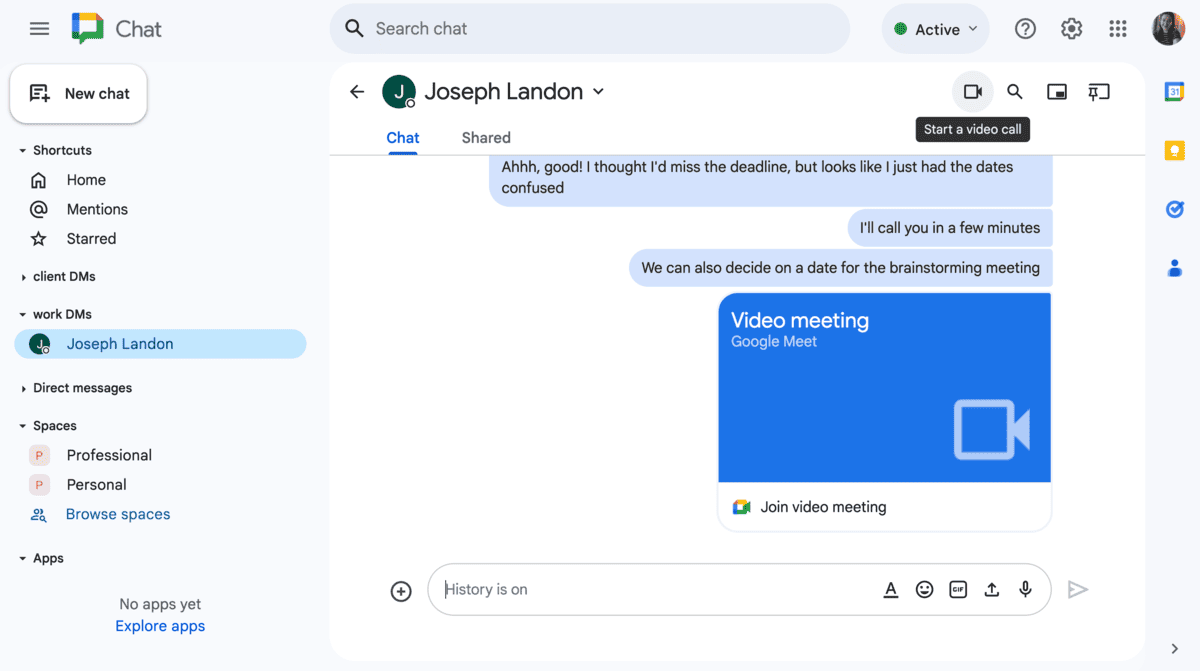 Launch meetings from Google Chat to get both messaging and video call features