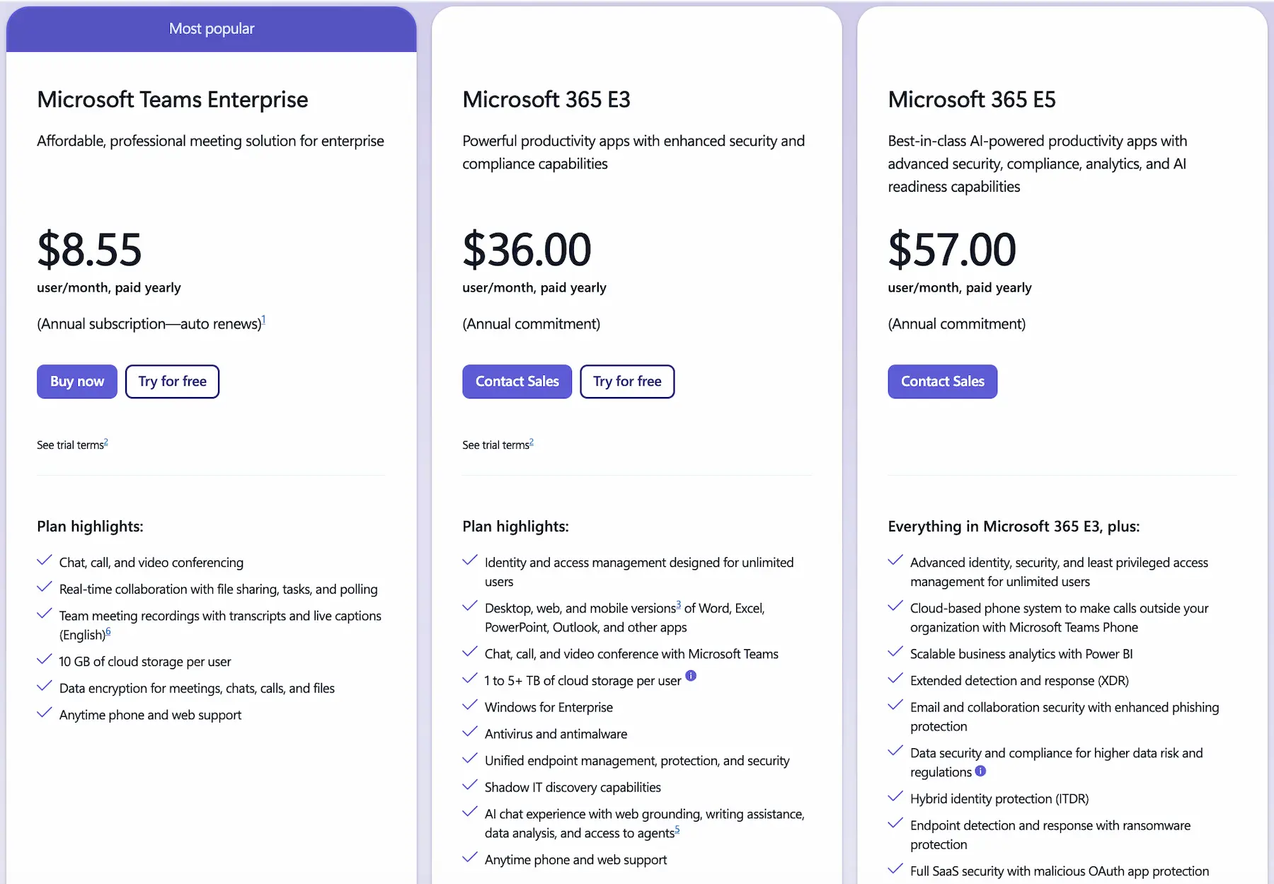 Microsoft Teams Enterprise plans