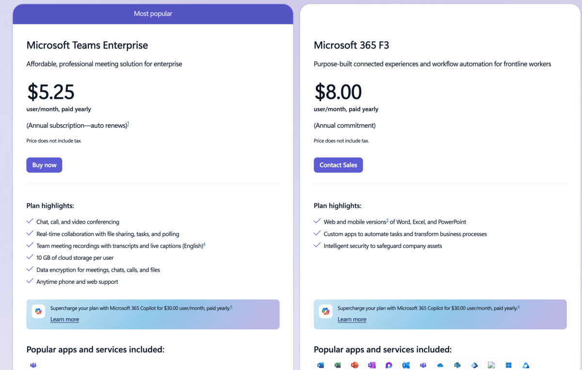Microsoft Teams Enterprise plans