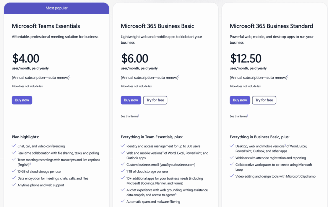 Microsoft Teams pricing plans for businesses