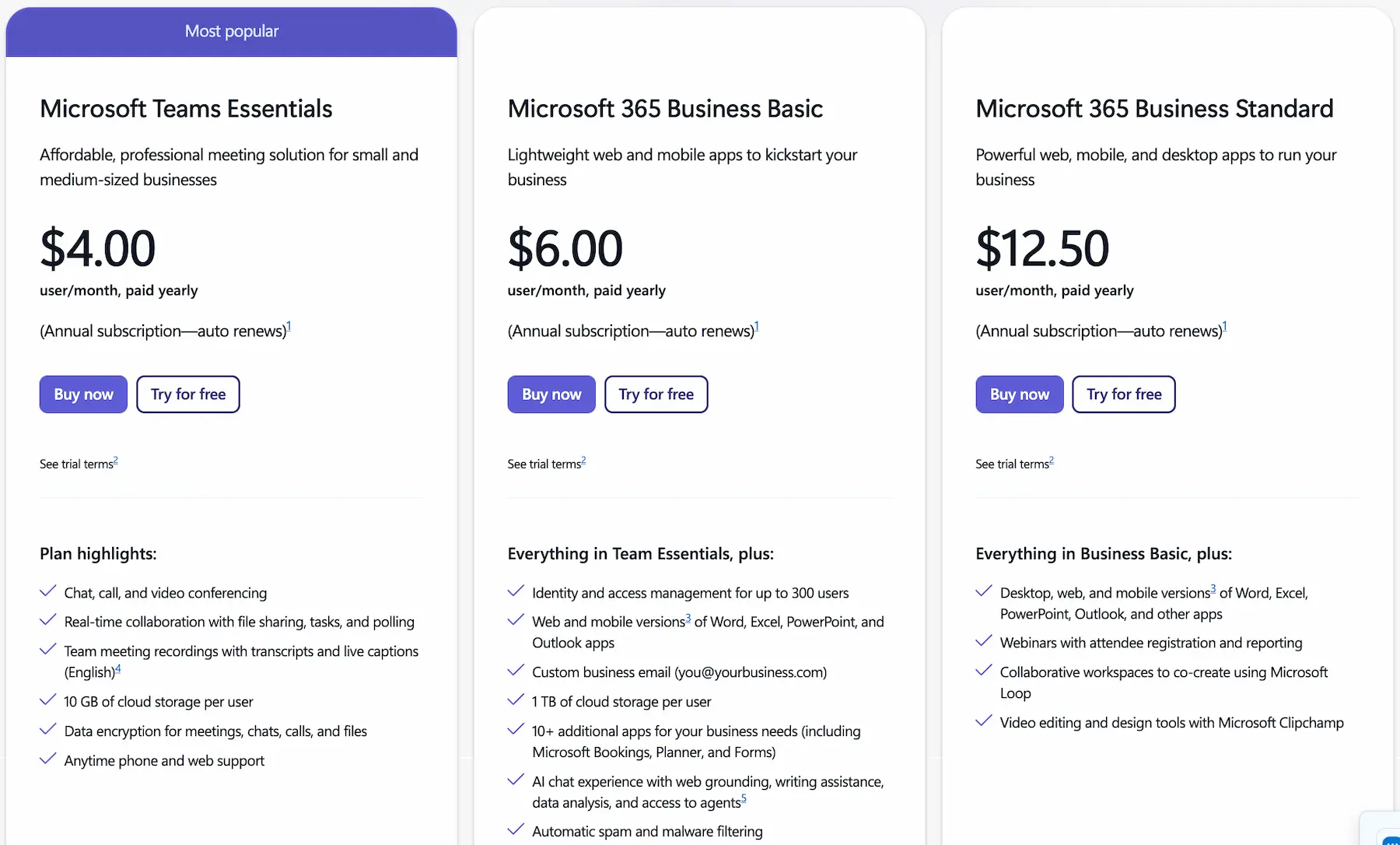 Microsoft Teams pricing plans for businesses