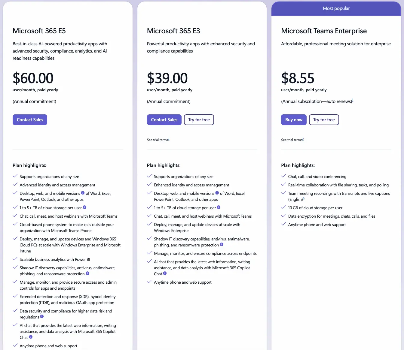 Microsoft Teams Enterprise plans