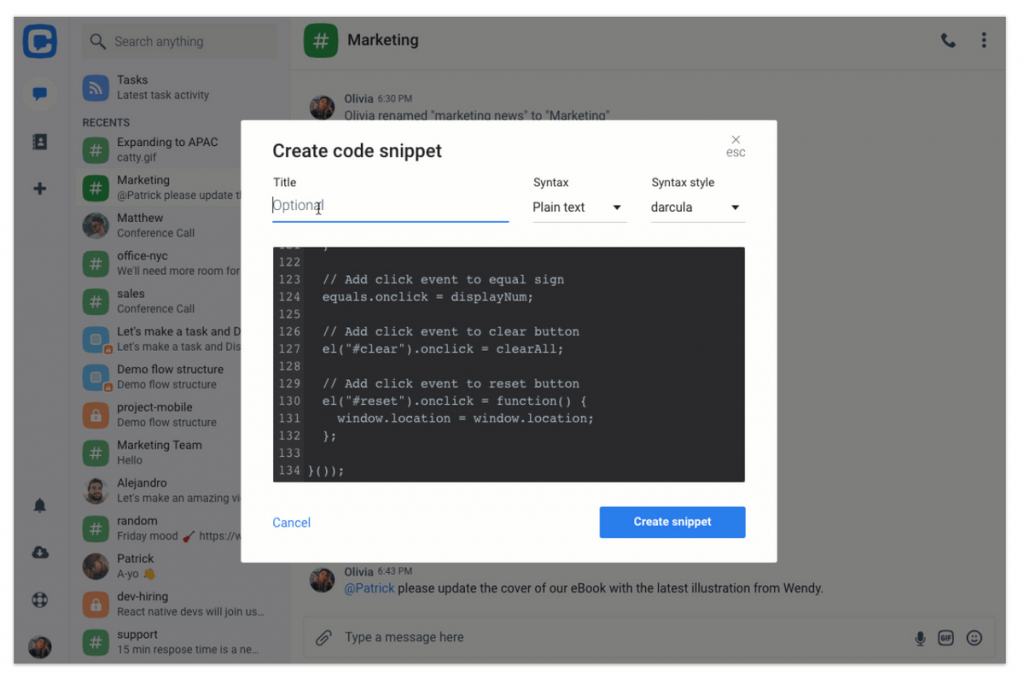 Sharing code snippets in Chanty